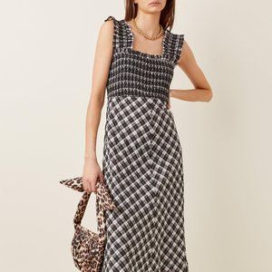 GANNI Searsucker Check Smocked Midi Dress - Black and White S44